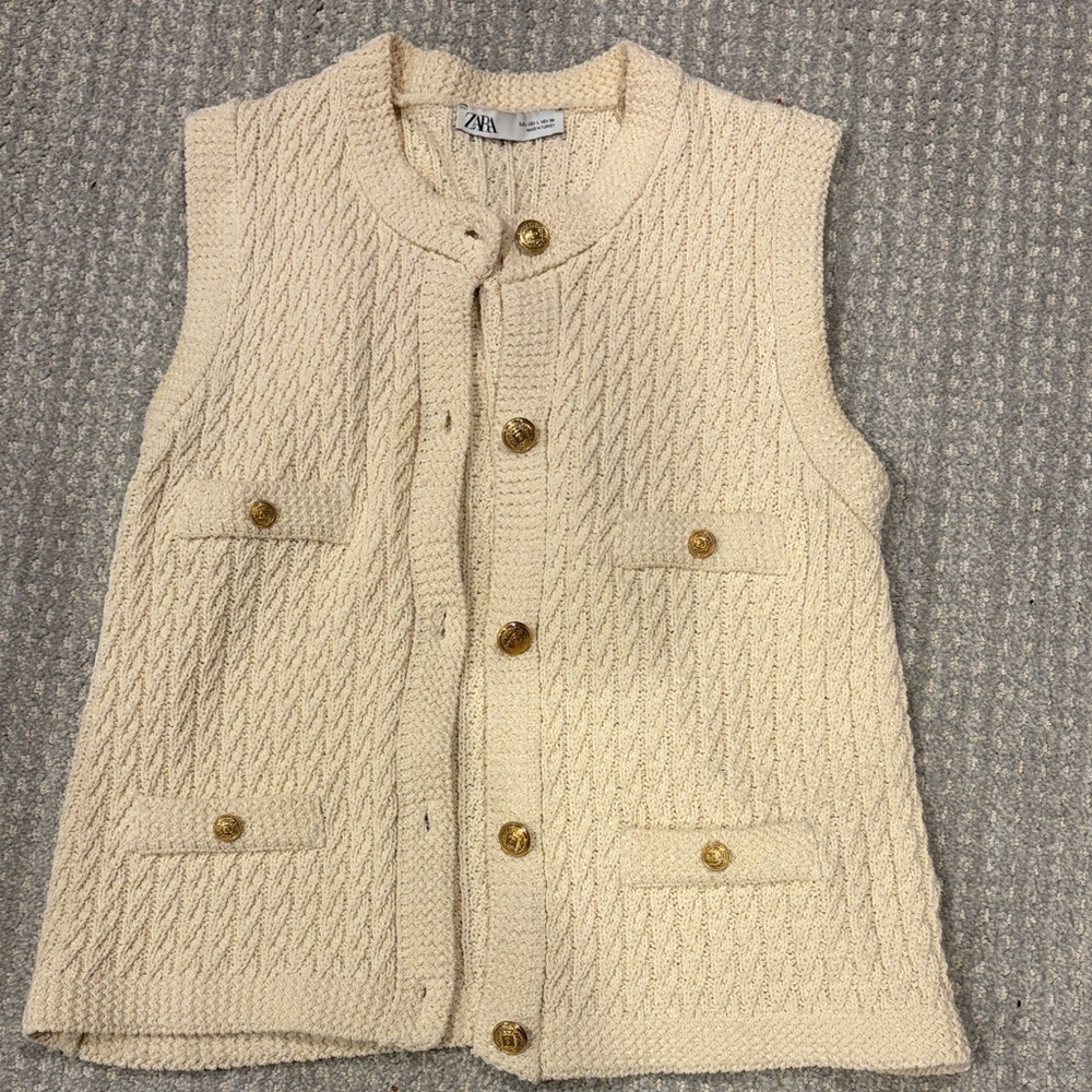 Zara Cream Knit Button-Front Vest with Gold Buttons